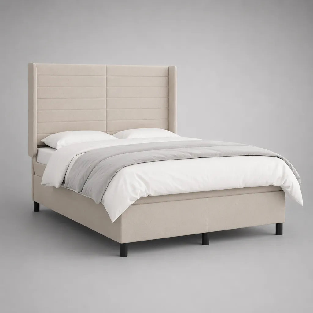 Letto matrimoniale imbottito rivestito in poliestere beige e nero, per materasso 160 x 200 cm, dimensioni 180 x 215 x 145 cm