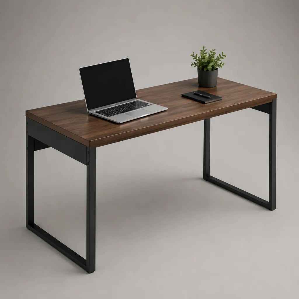Scrivania rettangolare marrone noce e nera 120 × 60 × 75 cm in legno e acciaio