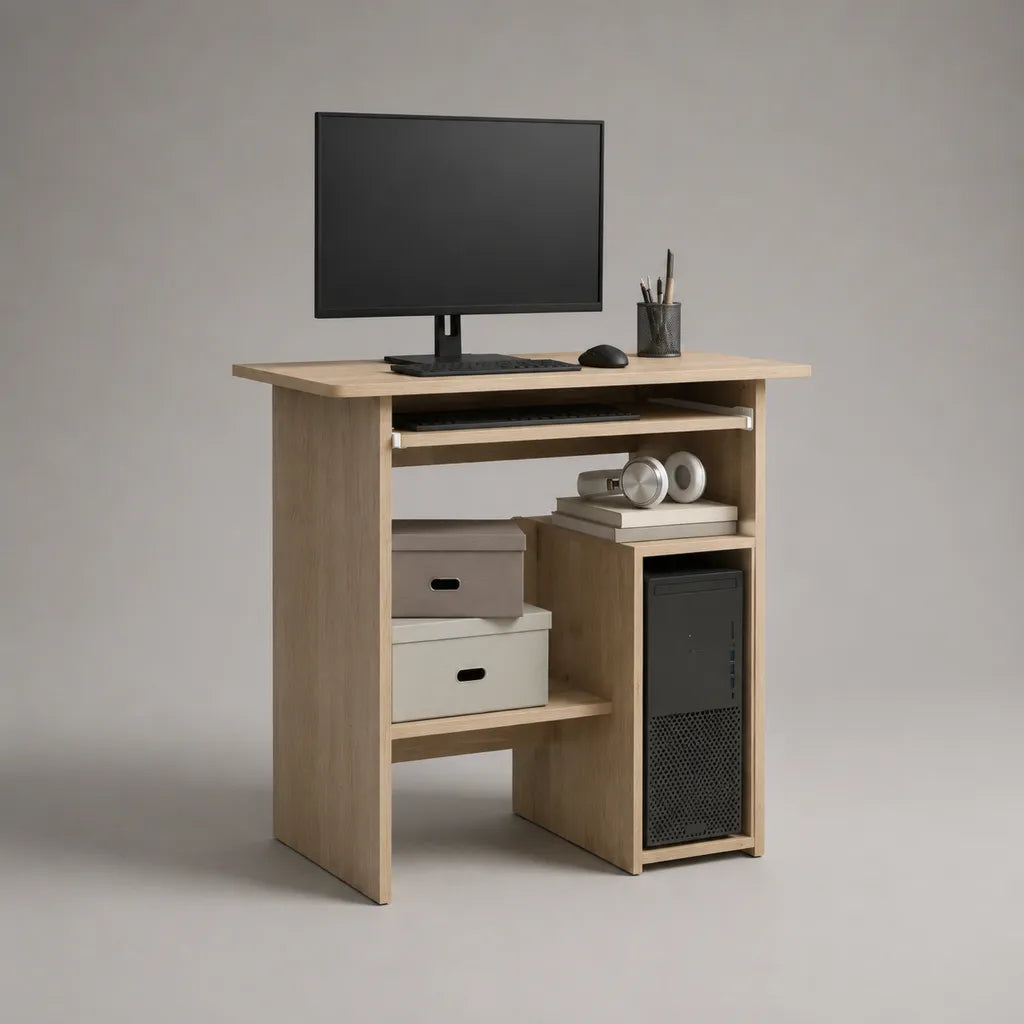 Scrivania per computer rettangolare in pannello truciolare melaminico, rovere chiaro, 90 x 50 x 75 cm, con vassoio estraibile e ripiani
