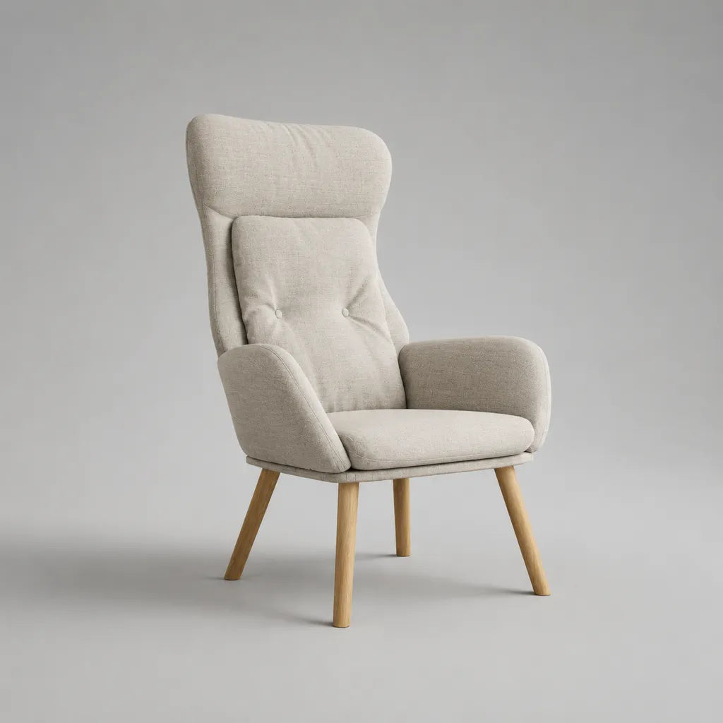 Poltrona con schienale alto in poliestere e legno massello, beige chiaro, 76 x 82 x 108 cm