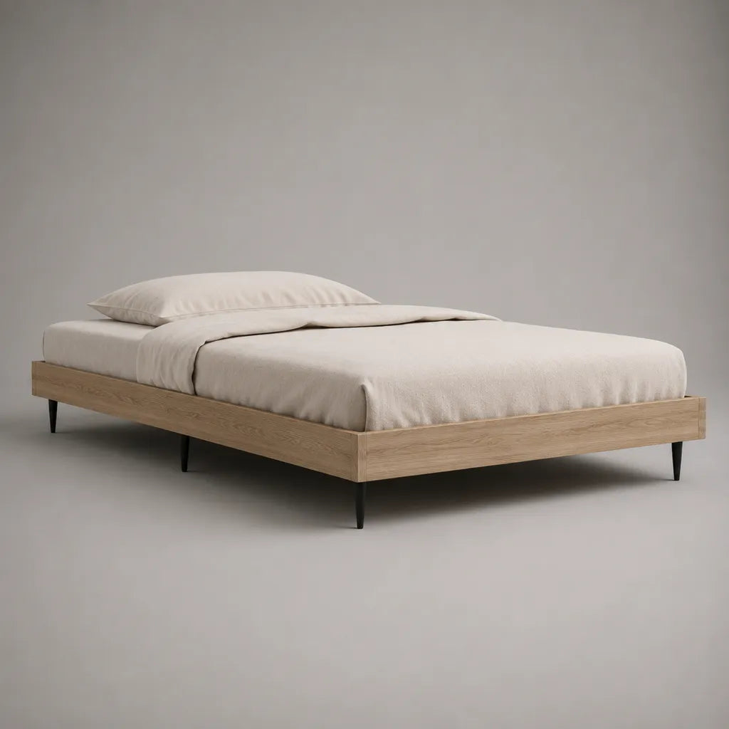 Struttura letto matrimoniale 160 x 200 cm in legno con rete a doghe e gambe in metallo, rovere naturale e nero