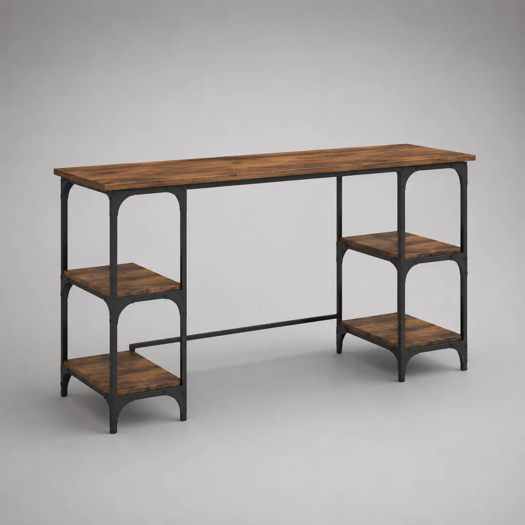 Scrivania rettangolare in legno e acciaio con 4 ripiani laterali, marrone scuro e nero, 160 × 50 × 90 cm