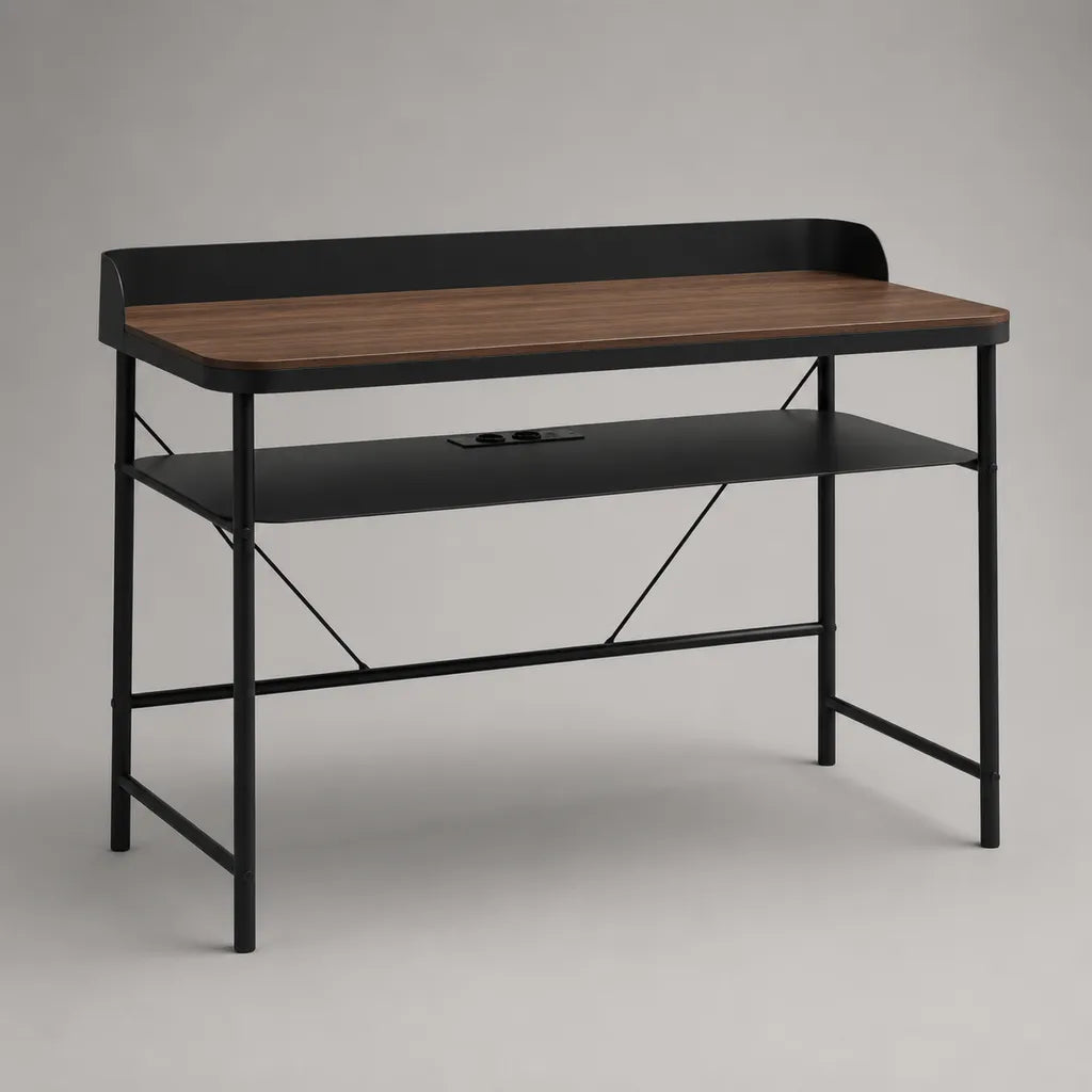 Scrivania rettangolare con ripiano e passacavi in pannello truciolare e acciaio, nero e noce, 120 × 60 × 90 cm