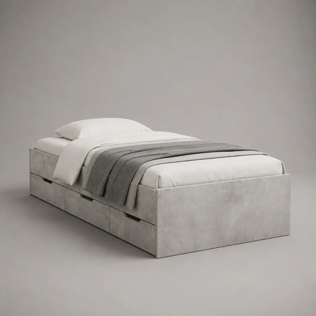 Letto singolo con 6 cassetti in pannello truciolare melaminico grigio effetto cemento, materasso 90 x 200 cm, dimensioni 206 x 96 x 60 cm