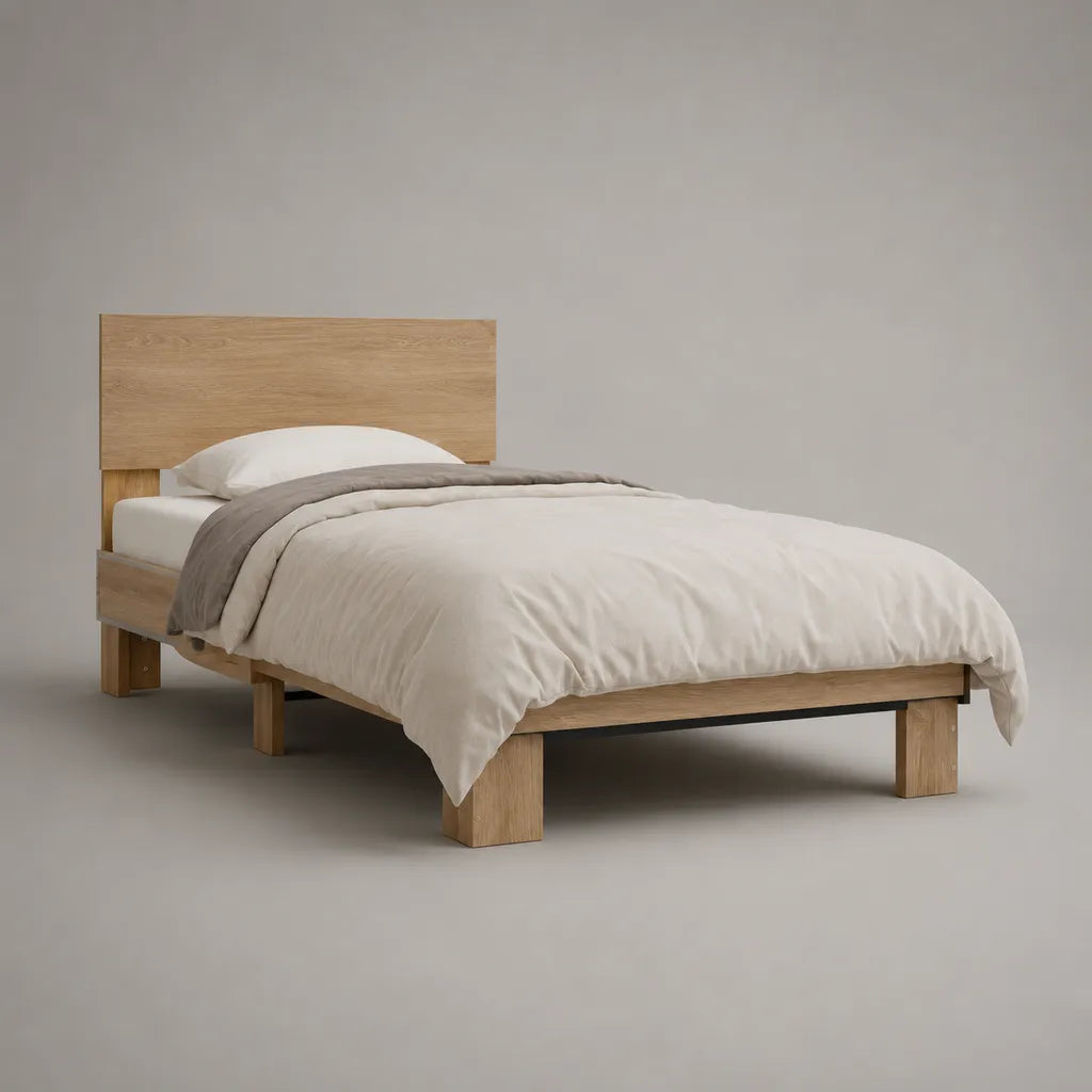 Letto singolo in legno e metallo con testiera e rete a doghe, rovere naturale e nero, per materasso 90 x 200 cm, dimensioni 210 x 99 x 100 cm