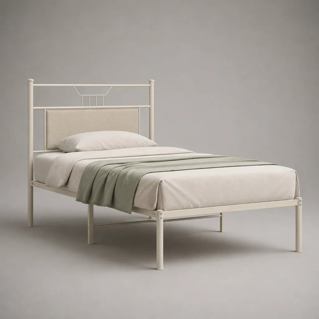 Letto singolo in acciaio con testiera imbottita, bianco e beige chiaro, per materasso 90 x 200 cm