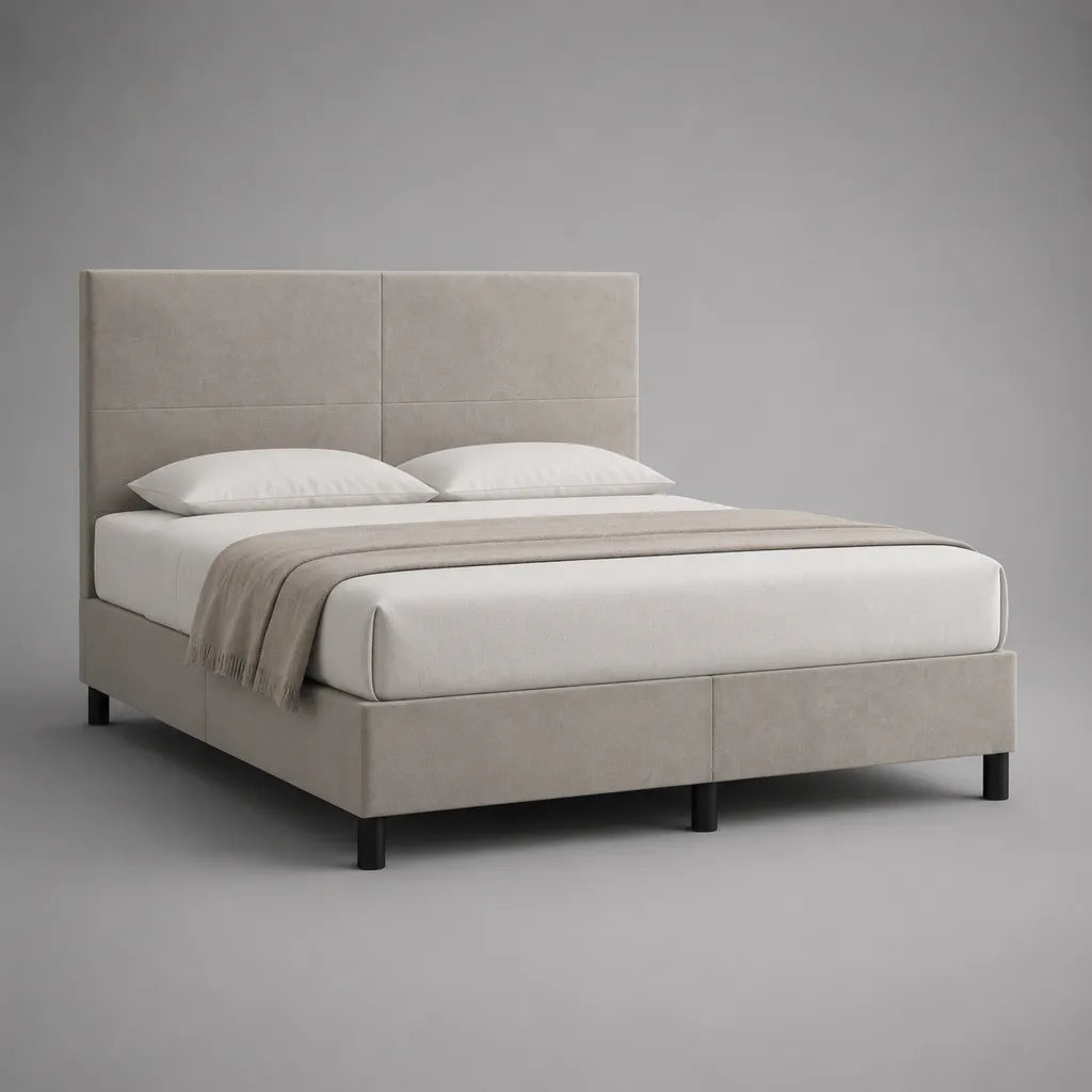 Letto matrimoniale imbottito 160 x 200 cm in microfibra beige chiaro con testiera rettangolare, 170 x 212 x 110 cm
