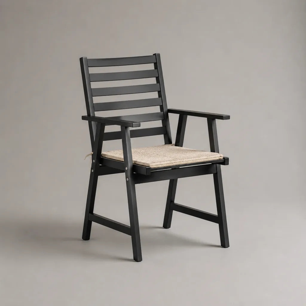 Sedia pieghevole da esterno in legno con braccioli e cuscino, nero e beige, 58 x 60 x 89 cm