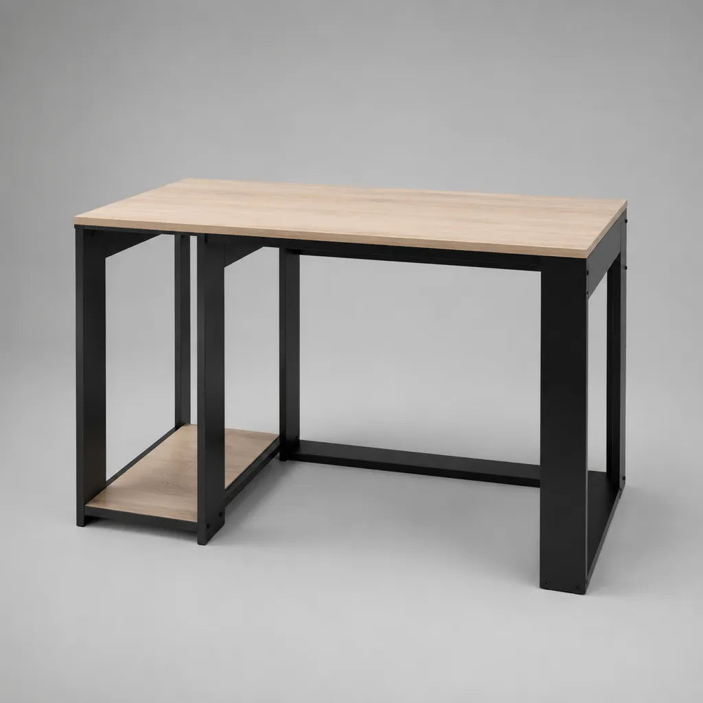 Scrivania rettangolare in pannello truciolare melaminico e acciaio con vano laterale, rovere chiaro e nero, 120 × 60 × 75 cm
