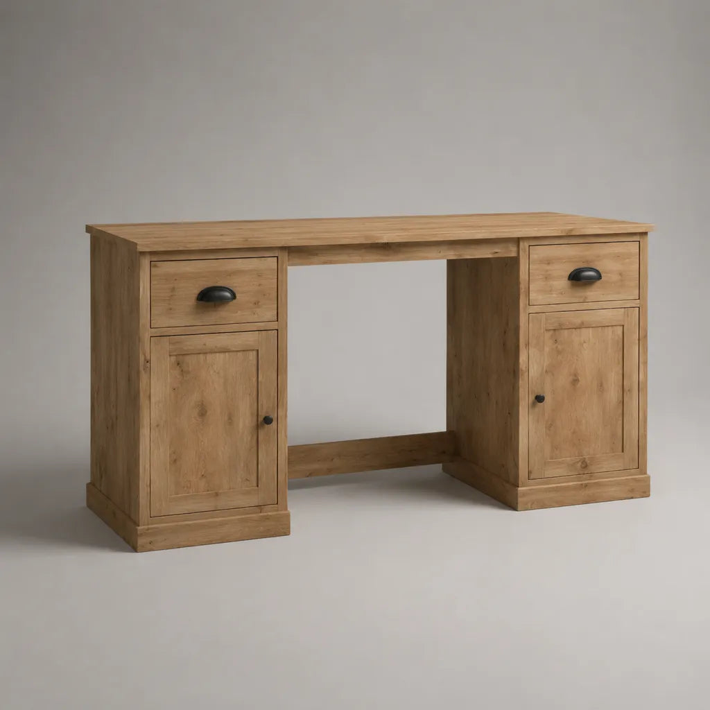 Scrivania rettangolare in legno massello di pino marrone naturale con 2 cassetti e 2 armadietti, 140 x 60 x 76 cm