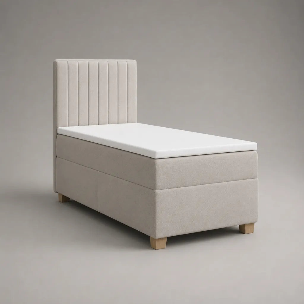 Letto singolo imbottito con materasso 90 x 200 cm in tessuto beige chiaro e testiera a pannelli verticali