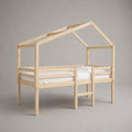 Letto a soppalco per bambini a forma di casetta in pino massello naturale, per materasso 90 x 200 cm, dimensioni 208 x 98 x 200 cm